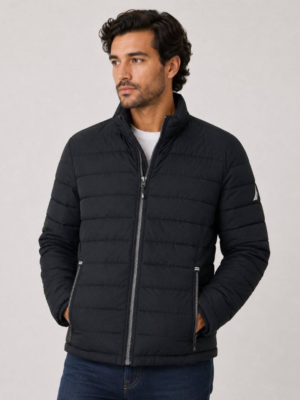 Nautica Men’s M Black Quilted Puffer Jacket Full Zip Stand Collar